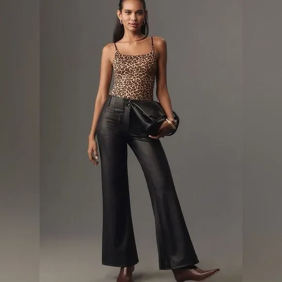 Anthropologie Maeve Flare leg Pants Faux Leather High-Waisted - Picture 2 of 12